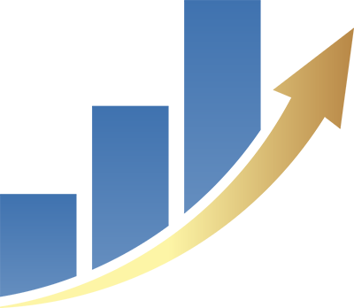 Gold arow pointing up and to the right with three blue colums on top